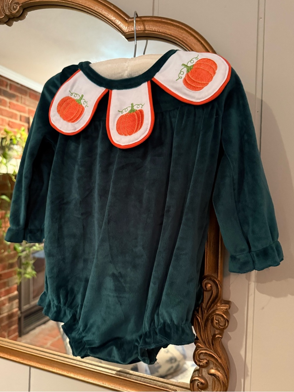 Girls Pumpkin-Accent Green Velvet Romper